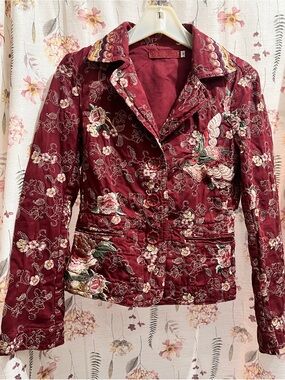 Johnny Was Burgundy Embroidered Floral Jean Jacket